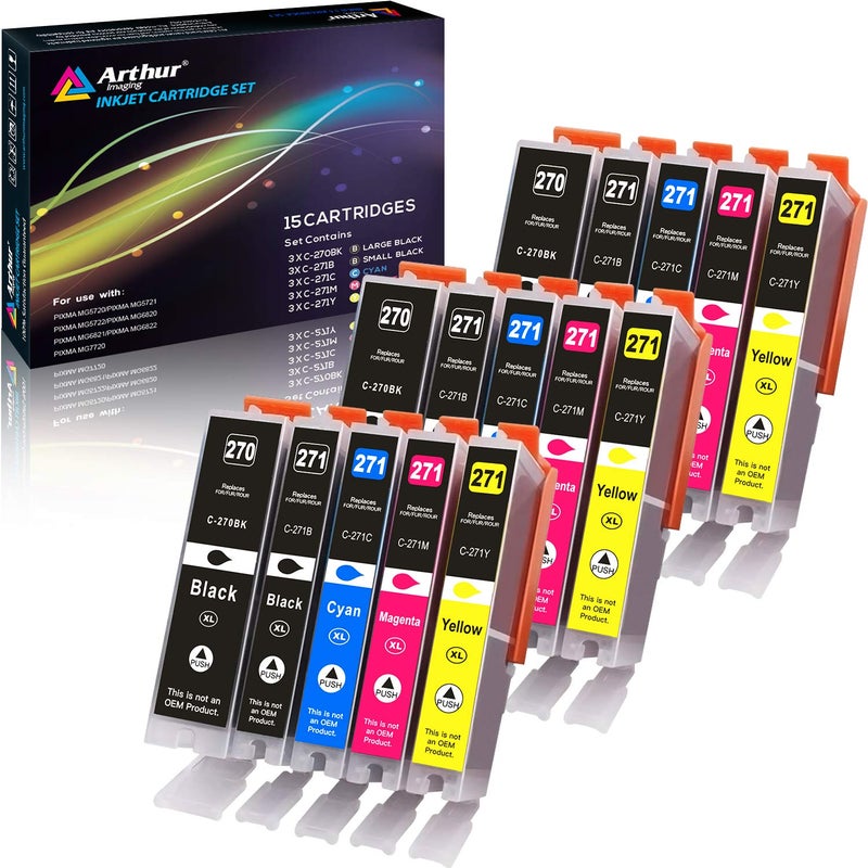 Arthur Imaging 15 Pack Compatible Ink Cartridge Replacement for 270XL 271XL (3 Large Black, 3 Small Black, 3 Cyan, 3 Yellow, 3 Magenta, 15-Pack) - Image 1